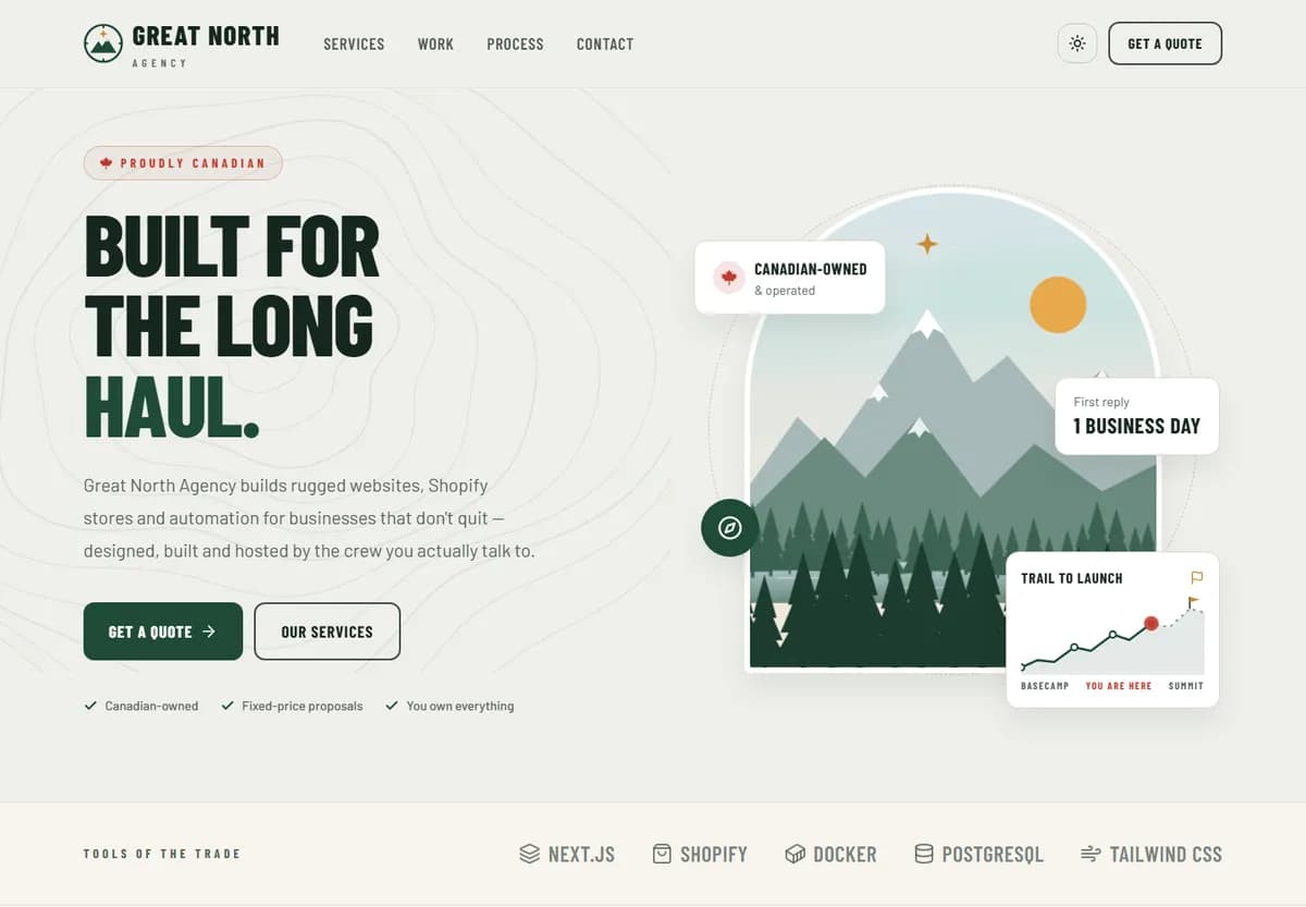 Great North Agency home page with an illustrated mountain landscape