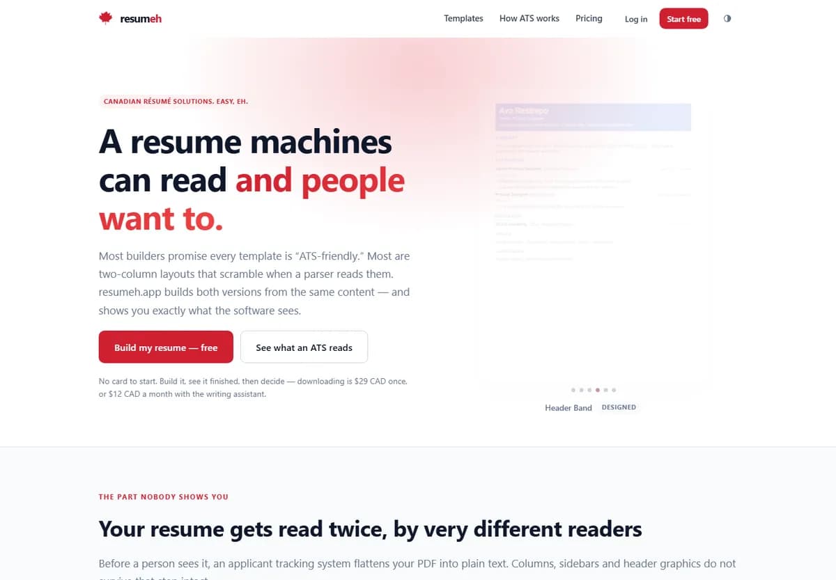 resumeh.app home page: a resume machines can read and people want to